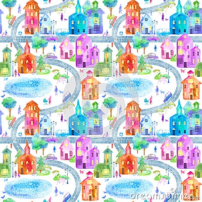 Seamless pattern with city,road,park and lake.Colorful house. Cartoon Illustration