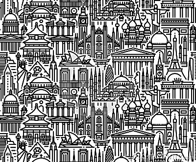 Seamless pattern with cityscape of worlds most popular tourist attractions. Modern flat line vector background Vector Illustration