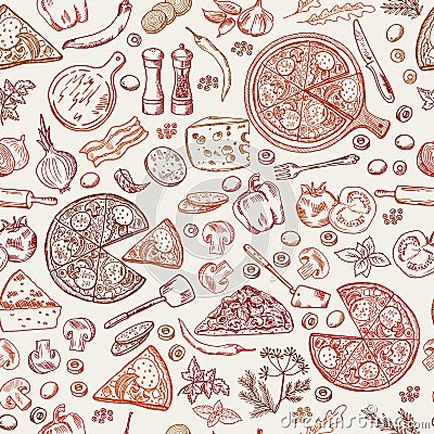 Seamless pattern with classical italian foods. Hand drawn illustrations of pizza Vector Illustration