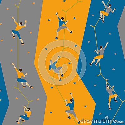 Seamless pattern with climbers on climbing wall. Vector Illustration