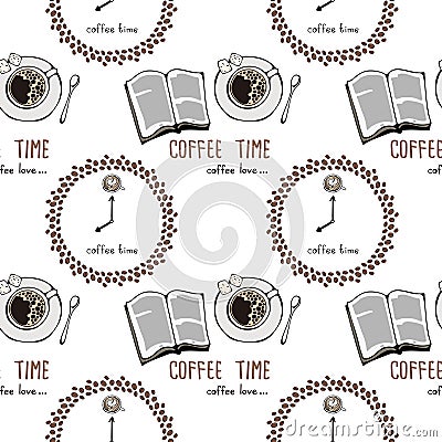 Seamless pattern with a clock `coffee time`, cups and books. Vector Illustration
