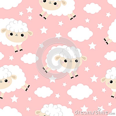 Seamless Pattern. Cloud star in the sky. Jumping sheep. Cute cartoon kawaii funny smiling baby character. Wrapping paper, textile Vector Illustration