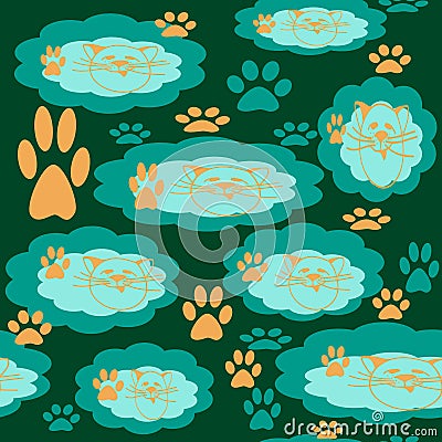 Seamless pattern of clouds with a cat`s head pattern and traces of cat`s paws. Stock Photo