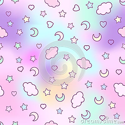 Seamless pattern with clouds, moon, stars, and in the doodle Vector Illustration