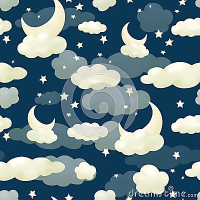 Seamless pattern clouds night blue sky. Wallpapers for baby playroom or nursery Stock Photo