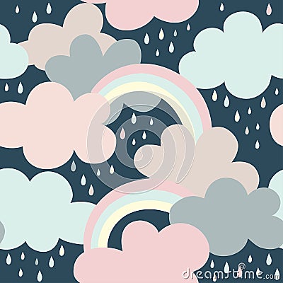 Seamless pattern with clouds, rainbow and drops Vector Illustration