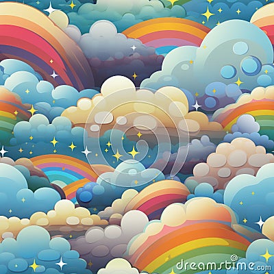 a seamless pattern with clouds rainbows and stars Stock Photo