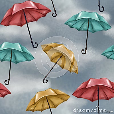 Seamless pattern with cloudy and rainy sky. Multicolored umbrellas. Blue, red and yellow. Weather. Stock Photo