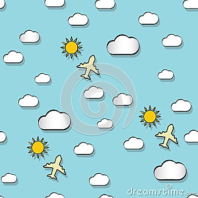 Seamless pattern with clounds, suns and airplanes Vector Illustration