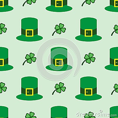 Seamless pattern with clover leaves and bowler hat. Simple vector illustration Vector Illustration