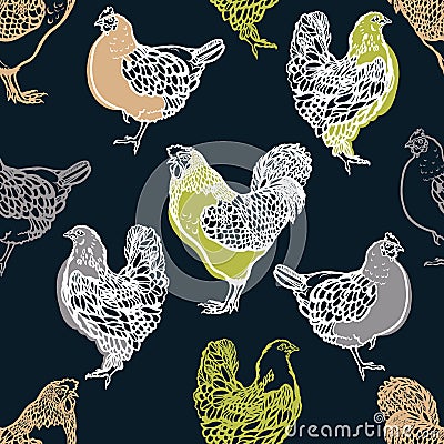 Seamless pattern with and chicken. Poultry. Farming. Livestock raising. Hand drawn. Vector Illustration
