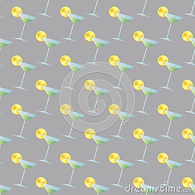 Seamless pattern cocktail garnished with lemon slice icon image. Summer drink Stock Photo