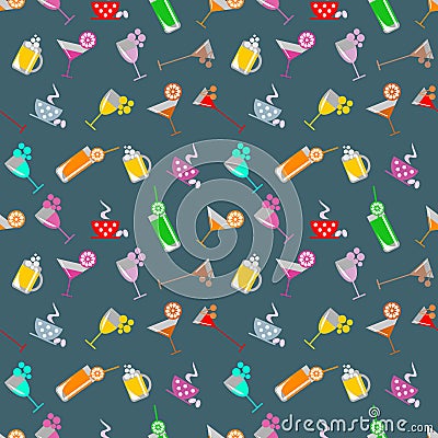 Seamless pattern with cocktail with glasses with wine, beer, juice and fruits on the blue background Stock Photo