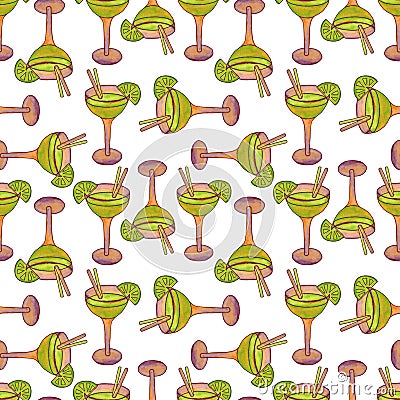 Seamless pattern with cocktails. A glass on a leg. Classic tropical cocktails. Cartoon Illustration