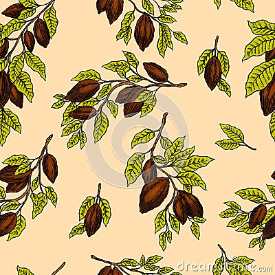 Seamless pattern with Cocoa Beans on a branch for Chocolate Hand Drawn engraved sketch. Vector illustration. Vector Illustration