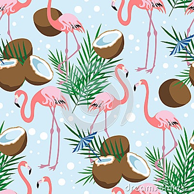 Seamless pattern of coconut, half, palm leaves and pink flamingos on blue background Vector Illustration