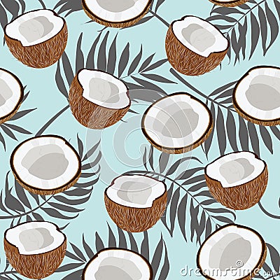 Seamless pattern coconut piece and palm leaves on blue background Vector Illustration