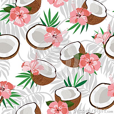 Seamless pattern coconut piece and palm leaves with pink hibiscus, Vector illustration Vector Illustration