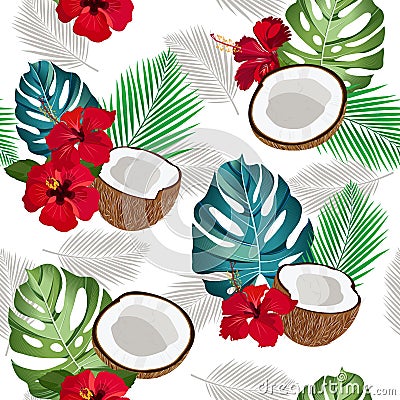 Seamless pattern coconut piece and palm leaves with red hibiscus Vector Illustration