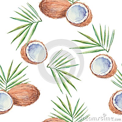 Seamless pattern with coconuts, painted in watercolor. Vector b Stock Photo