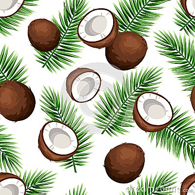 Seamless pattern with coconuts and palm leaves. Vector illustration. Vector Illustration