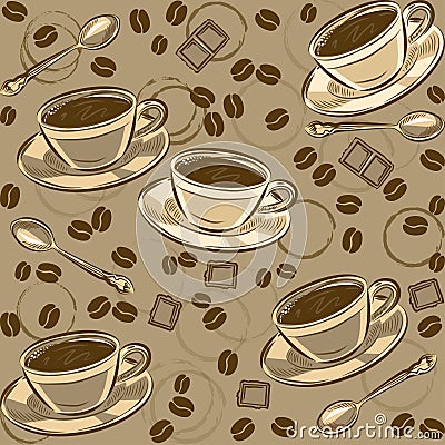 Seamless pattern with coffee beans and cups. Vector Vector Illustration