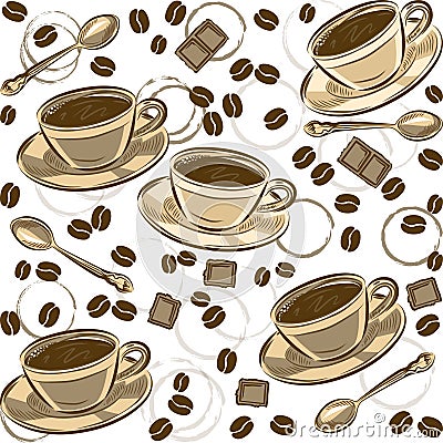 Seamless pattern with coffee beans and cups. Vector Vector Illustration