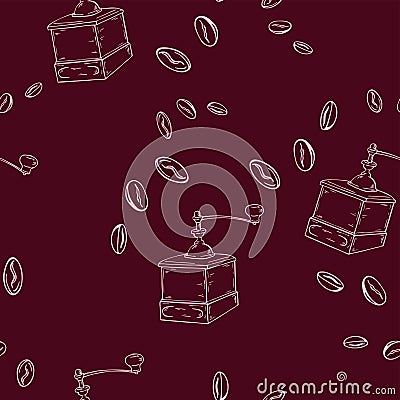 Seamless pattern with coffee beans and grinders. Hand drawn vector illustration. Cartoon Illustration