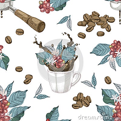 Seamless pattern with coffee branches, beans, portafilter and cup with splash Vector Illustration