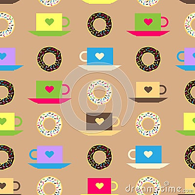 Seamless pattern with coffee and chocolate glazed donut background vector texture donut food illustration. Vector Illustration