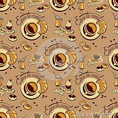 Seamless pattern with coffee cups, beans, cakes, sweets, croissa Vector Illustration