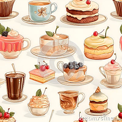 Seamless pattern with coffee cups, cakes, meringues and desserts Vector Illustration