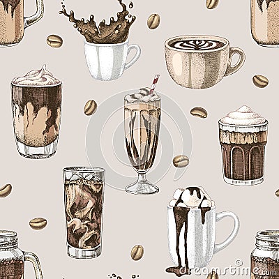 Seamless pattern with coffee dessert drinks Vector Illustration