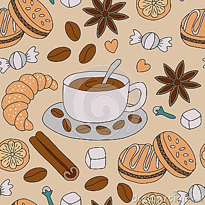 Seamless pattern coffee and desserts Vector Illustration