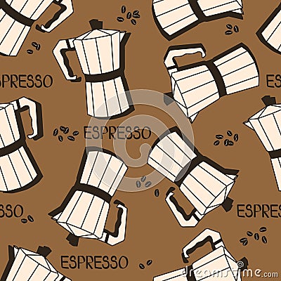 Seamless pattern with coffee makers and coffee beans. Decorative background, coffee equipment Vector Illustration