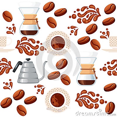 Seamless pattern coffee theme Drip Coffee Brewing with filter seeping and kettle vector illustration on white background Vector Illustration