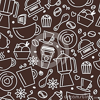 Seamless pattern for coffee theme. Line art draw icons. Vector Illustration