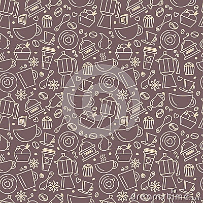 Seamless pattern for coffee theme. Line art draw icons. Vector Illustration