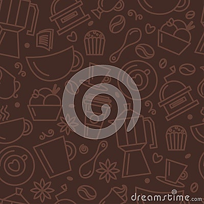 Seamless pattern for coffee theme. Line art draw icons. Vector Illustration