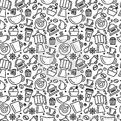 Seamless pattern for coffee theme. Line art draw icons. Vector Illustration