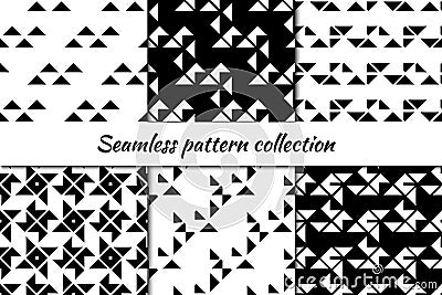 Seamless pattern collection. Geometrical design backgrounds set. Repeated triangles motif. Geo prints. Minimal ornaments Vector Illustration