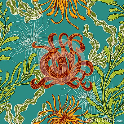 Seamless pattern with collection of marine plants, leaves and seaweed. Retro set of colorful hand drawn marine flora. Vector illus Vector Illustration