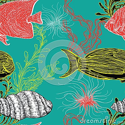 Seamless pattern with collection of sea shell, marine plants, seaweed and tropical fish. Vector Illustration