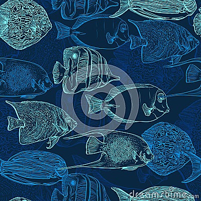 Seamless pattern with collection of tropical fish. Vintage set of hand drawn marine fauna. Vector Illustration