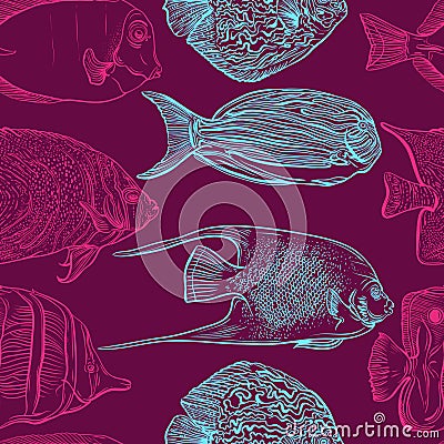 Seamless pattern with collection of tropical fish.Vintage set of hand drawn marine fauna.Vector illustration in line art style. Vector Illustration