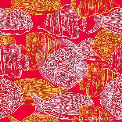 Seamless pattern with collection of tropical fish.Vintage set of hand drawn marine fauna.Vector illustration Vector Illustration