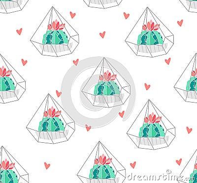 Seamless pattern with color cactus in terrarium and hearts on white background. Ornament for textile and wrapping. Vector Vector Illustration