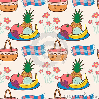 Seamless pattern color drawings of picnic elements Vector Illustration