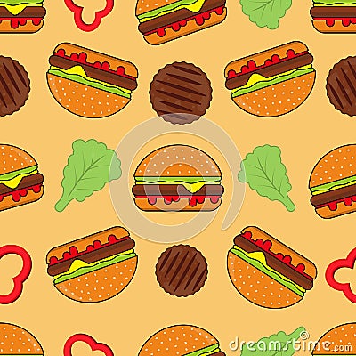 Seamless pattern of colored burger with ingredients Vector Illustration