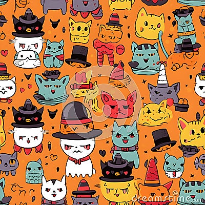 Seamless pattern Colored cats with bowties happy spiders in tiny hats ,Generative AI tools Stock Photo